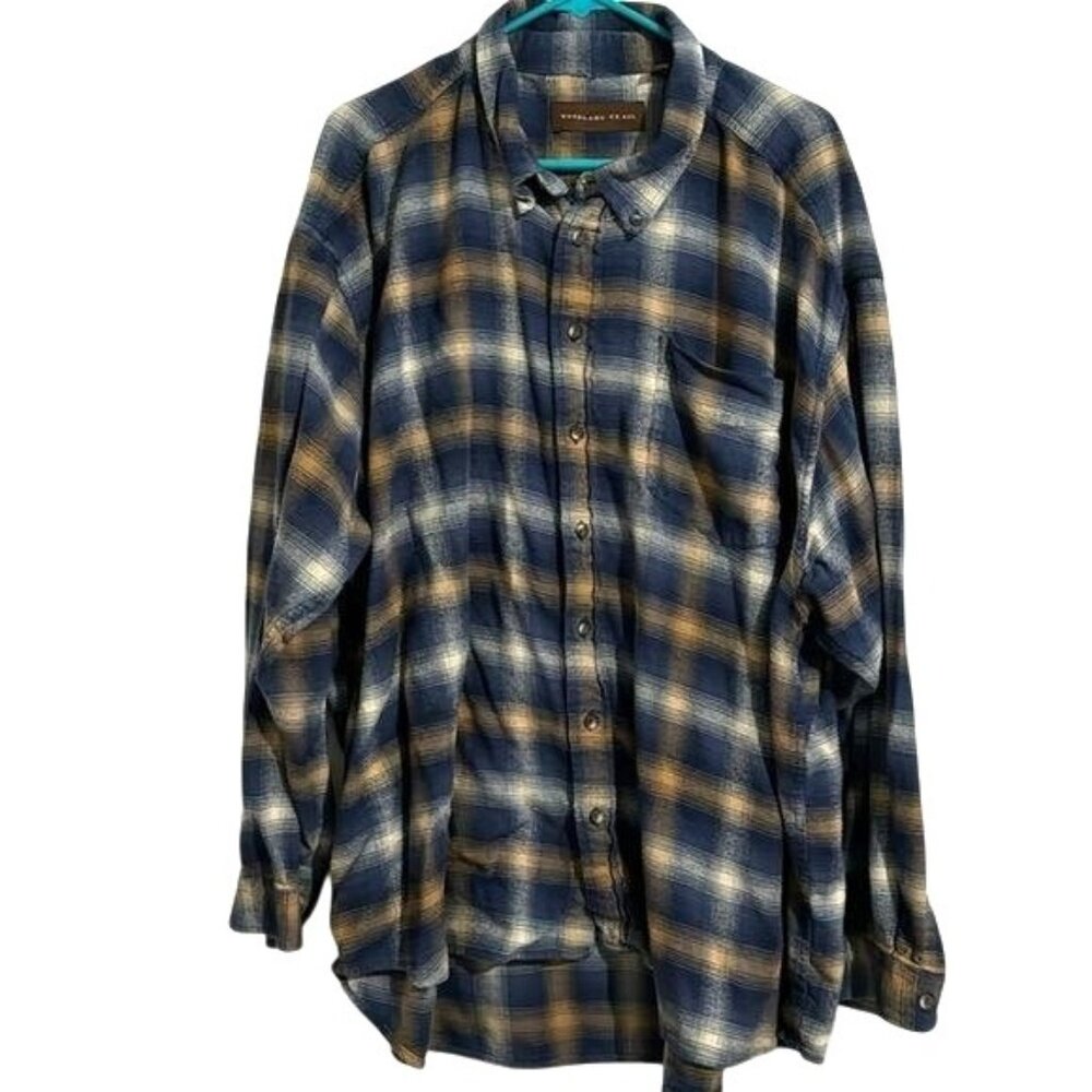 Mens Woodland Trail Blue & Tan Plaid Button-Up Shirt 3X Cotton/Rayon Blend Made